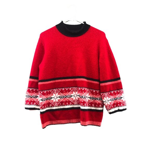 VTG St. John's Bay Christmas Sweater Womens LP Red Fair Isle Holdiday Wool Blend - Picture 1 of 9